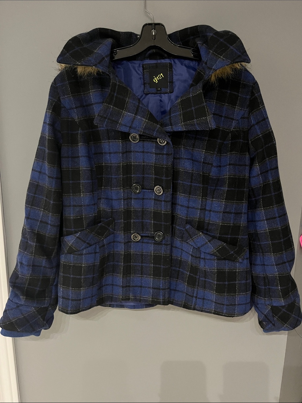 3/$30 Blue & Black Plaid Peacoat Jacket
